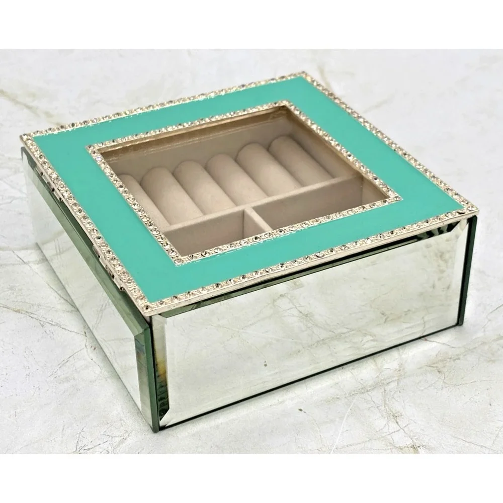 Nicole Miller Hollywood Regency Style Mirrored Trinket Box Seafoam Enamel EUC‎